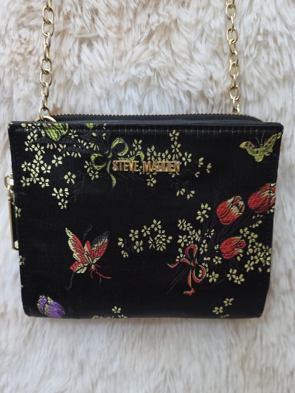 *Steve Madden Black Floral Crossbody Bag Gold Chain Convertible Purse Wristlet